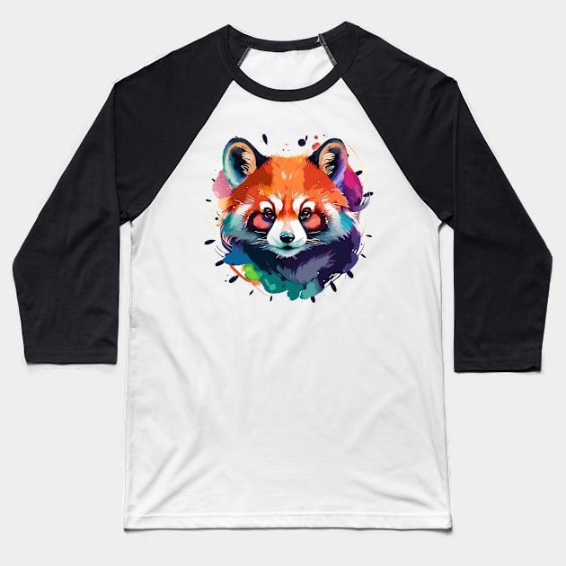 Vibrant Red Panda Watercolor Art Print Baseball T-Shirt by Hazel the Aesthete